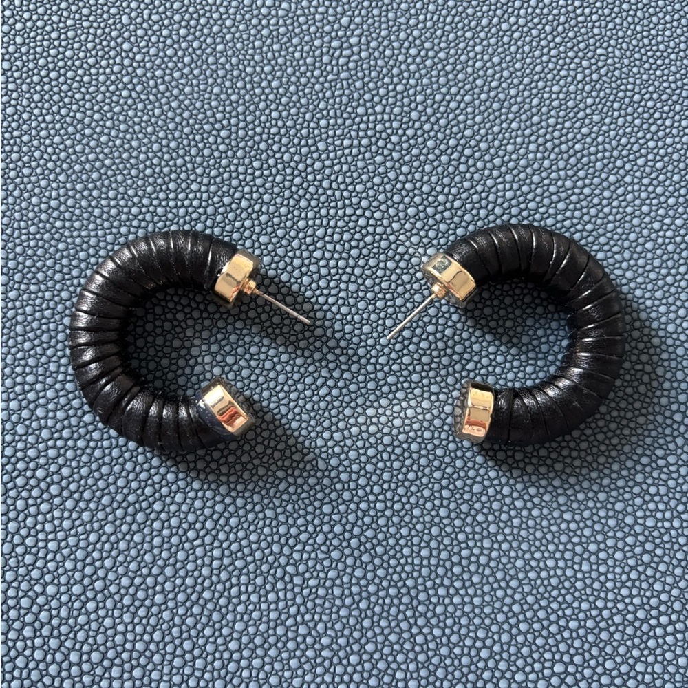 Chic Black and Gold Leather Wrapped Hoop Earrings